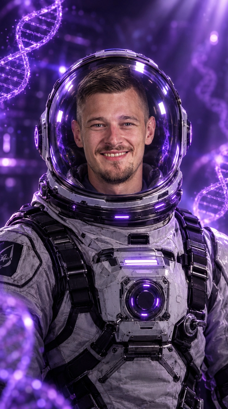 Digitální avatar Jana Hotovce ve skafandru s fialovou DNA